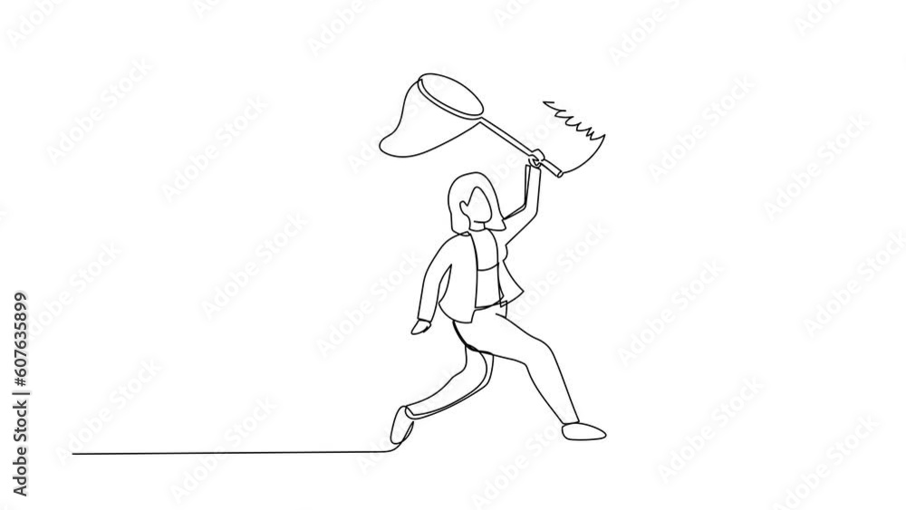 Poster animated self drawing of continuous line draw businesswoman try to catching flying alarm clock with 
