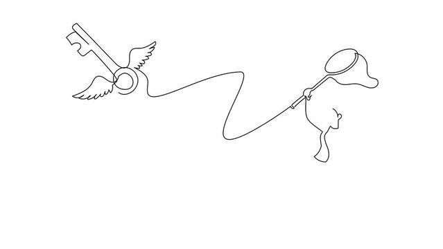 Animated self drawing of continuous line draw businesswoman try to catching flying key with butterfly net. Losing key of success business project. Bankrupt company. Full length one line animation
