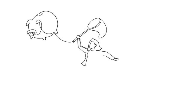 Animated self drawing of continuous line draw businesswoman try to catching flying piggy bank with butterfly net. Loss job. No income. Savings lost due to dismissal. Full length single line animation