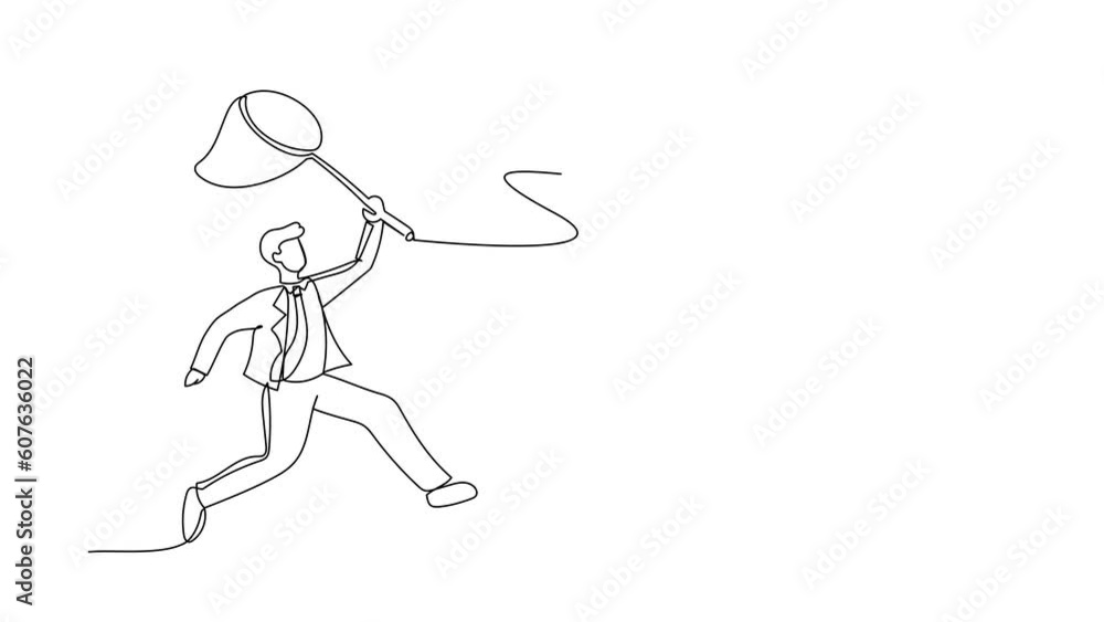 Poster self drawing animation of single one line draw businessman try to catching flying house with net. pr