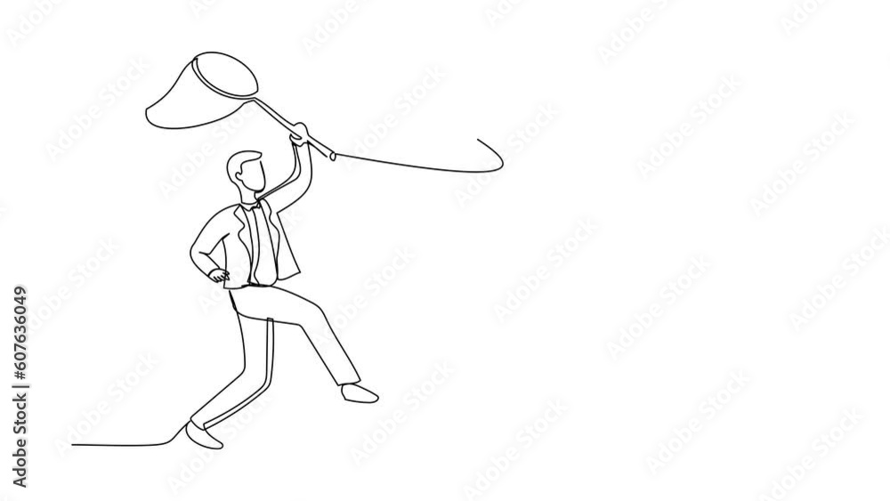 Poster self drawing animation of single one line draw businessman try to catching flying wallet with butter