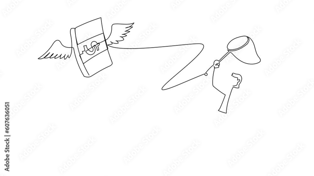 Poster animated self drawing of continuous line draw businessman try to catching flying money stacks with b