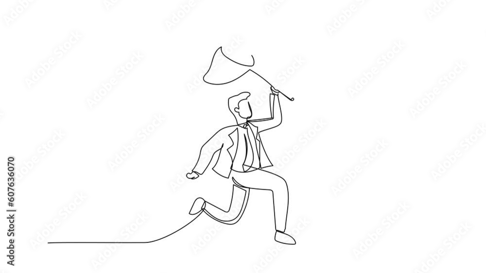 Poster animated self drawing of continuous line draw businessman try to catching flying globe with butterfl