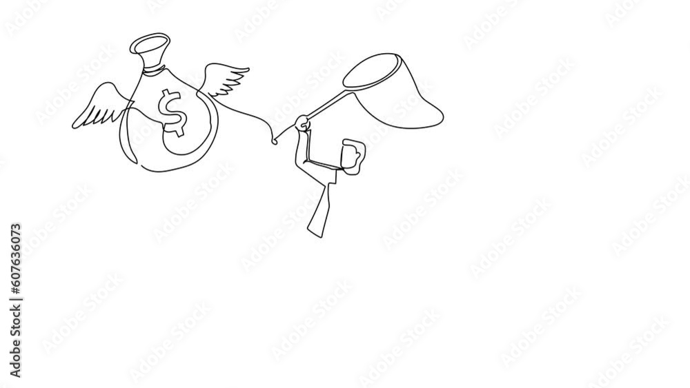 Poster self drawing animation of single line draw businessman try to catching flying money bag with butterf