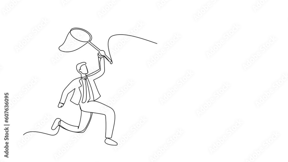 Poster animated self drawing of continuous one line draw businessman try to catching flying hourglass with 