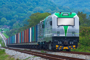 Train wagons carrying cargo containers, Distribution and freight transportation.