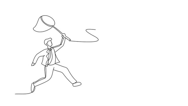 Self drawing animation of single one line draw businessman try to catching flying house with net. Price increases of housing loan or real estate investment. Continuous line draw. Full length animated