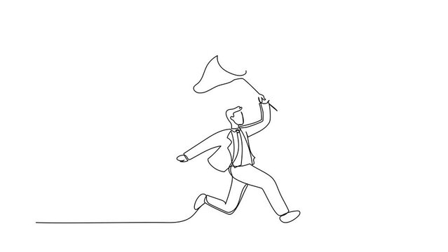 Animated self drawing of continuous line draw businessman try to catching flying gift box with butterfly net. Winged gift symbol, transportation, fast delivery, package. Full length one line animation