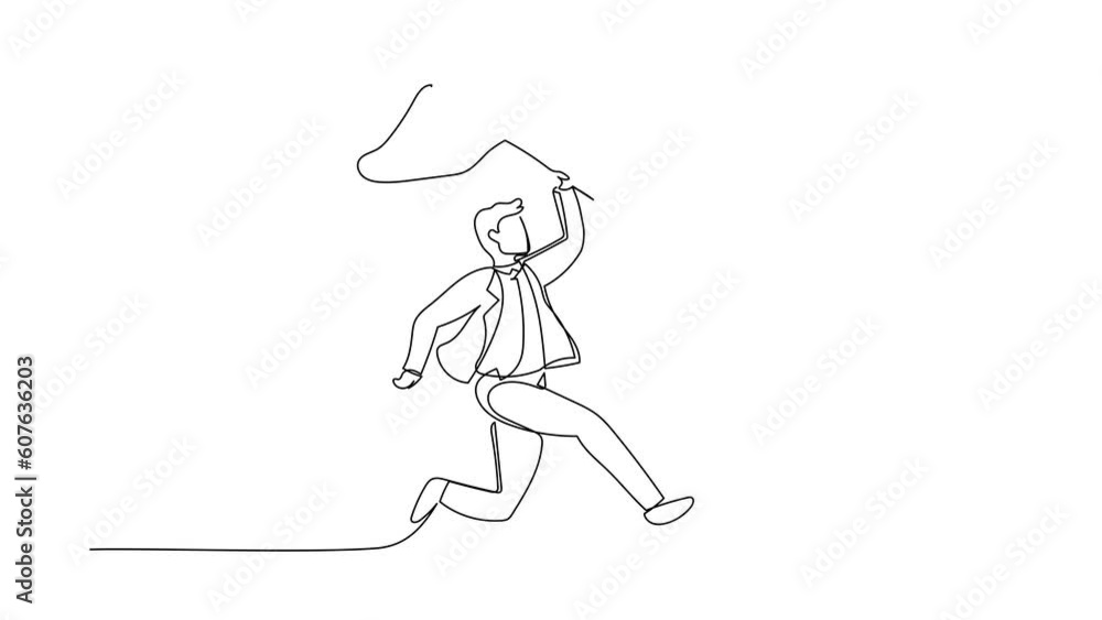 Poster self drawing animation of single line draw active businessman try to catching flying shield with but