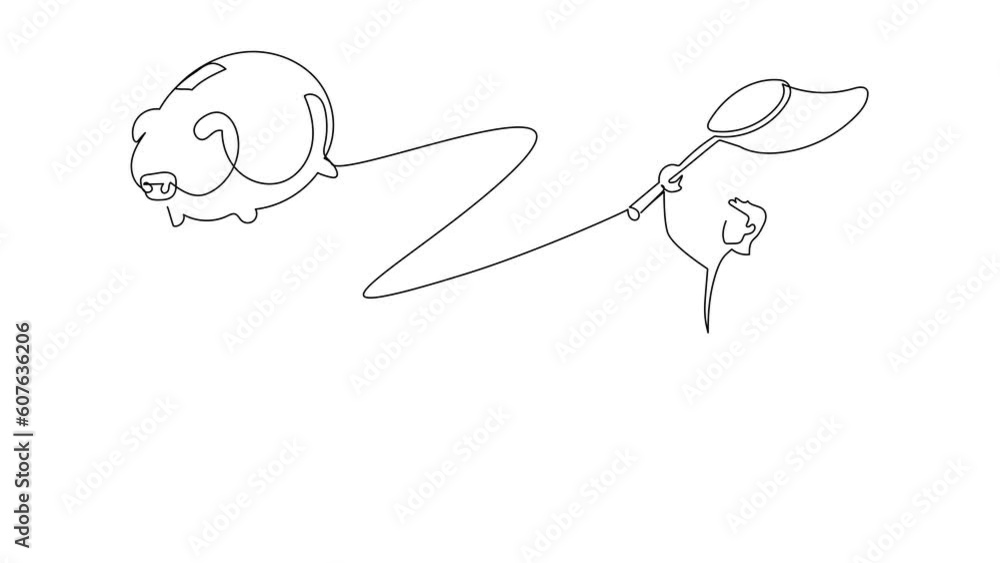 Poster animated self drawing of continuous line draw businessman try to catching flying piggy bank with net
