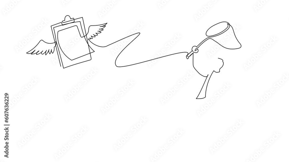 Poster animated self drawing of continuous line draw businessman try to catching flying clipboard with butt