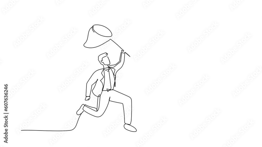 Poster animated self drawing of continuous line draw businessman try to catching flying folder with butterf