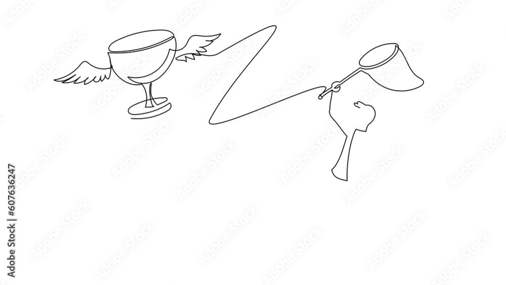 Poster animated self drawing of continuous line draw businessman try to catching flying trophy with butterf