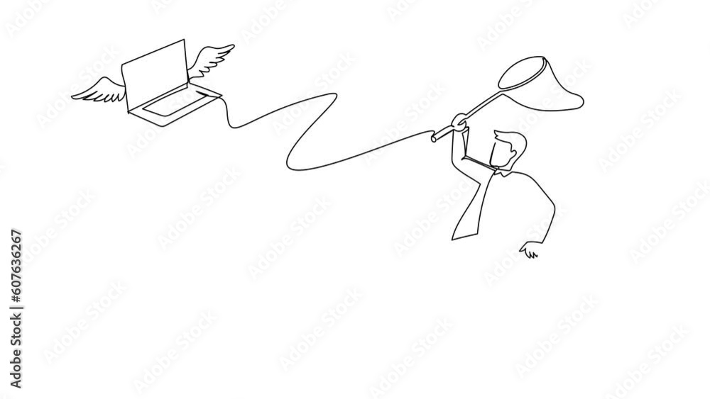 Poster self drawing animation of single line draw attractive businessman try to catching flying laptop with
