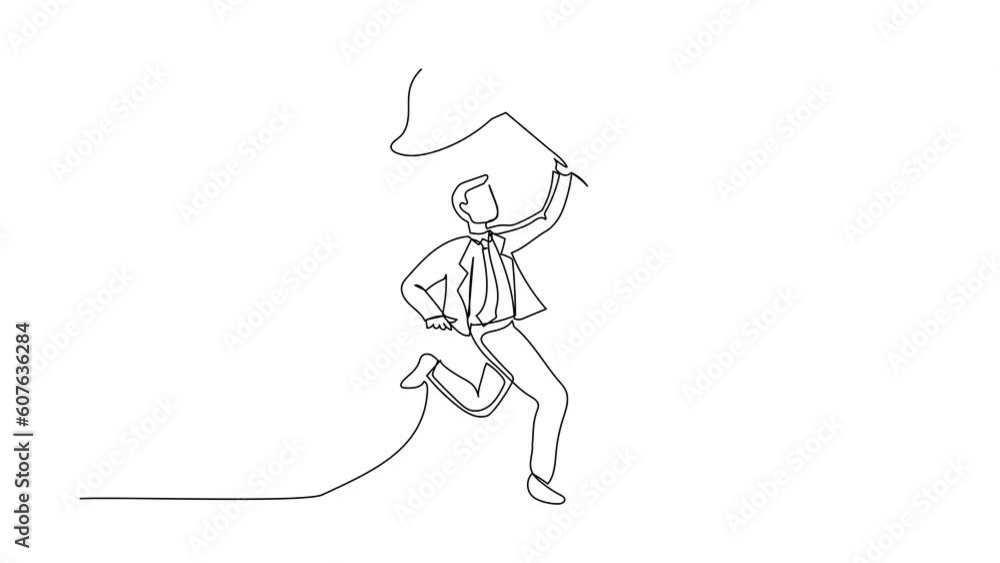 Poster animated self drawing of continuous line draw businessman try to catching flying briefcase with net.