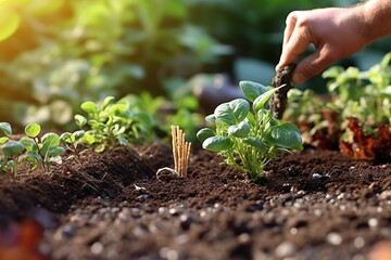 Person planting a seedling in a garden. Generative AI