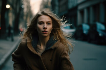 Young woman runs away, in delay or fear in her eyes, along a street. Fictional person. Generative AI