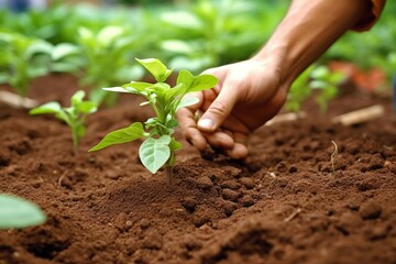 Person planting a seedling in a garden. Generative AI