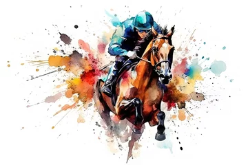 Foto op Canvas Abstract racing horse with jockey from splash of watercolors. Equestrian sport. Generative AI © zaschnaus