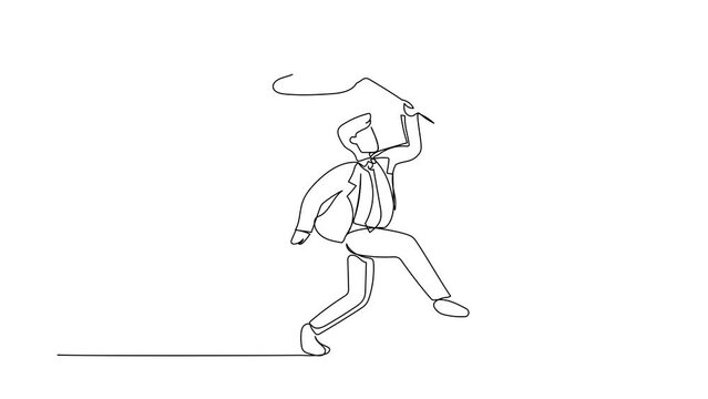 Self drawing animation of single line draw businessman try to catching flying crown with butterfly net. Royal, luxury, vip, first class sign. Winner award. Continuous line draw. Full length animated