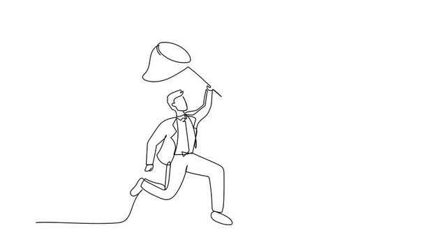 Animated self drawing of continuous line draw businessman try to catching flying folder with butterfly net. Analyzing researching office paper document and file archive. Full length one line animation
