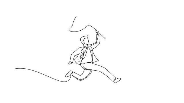 Animated self drawing of continuous line draw businessman try to catching flying smartphone with butterfly net. Talking, communication, technology, speaking concept. Full length one line animation