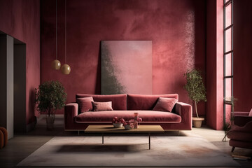 Viva magenta trend living room color. A vibrant couch accent. Background of plaster microcement wall. Burgundy and crimson colors are used in the room's decor. Generative AI