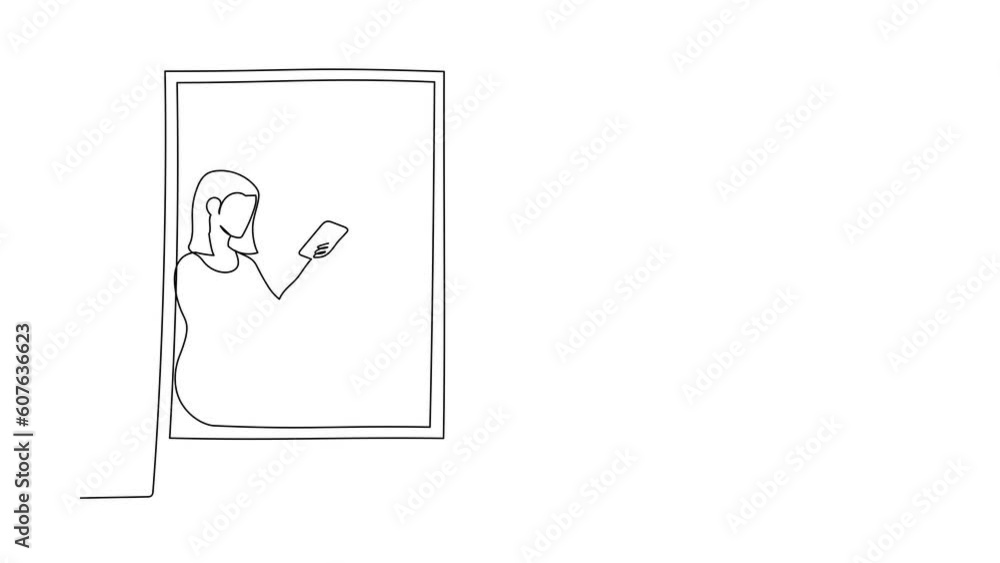 Poster self drawing animation of single one line draw lady sitting on windowsill with coffee enjoying rest 
