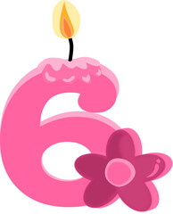 Pink six 6 number happy birthday candle and flower PNG illustration.