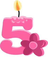 Pink five 5 number happy birthday candle and flower PNG illustration.