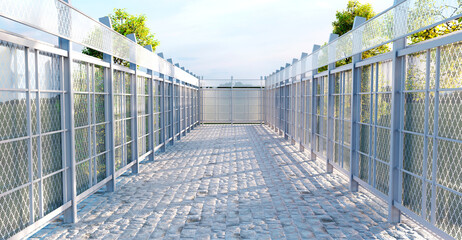 A multi-purpose courtyard with steel framed walls and steel mesh Open space showroom spacious concrete floor daytime backdrop Architectural background 3d illustration