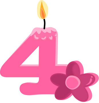 Pink four 4 number happy birthday candle and flower PNG illustration.