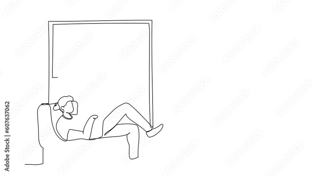 Poster self drawing animation of single line draw man lying on windowsill at home. male resting in room nea