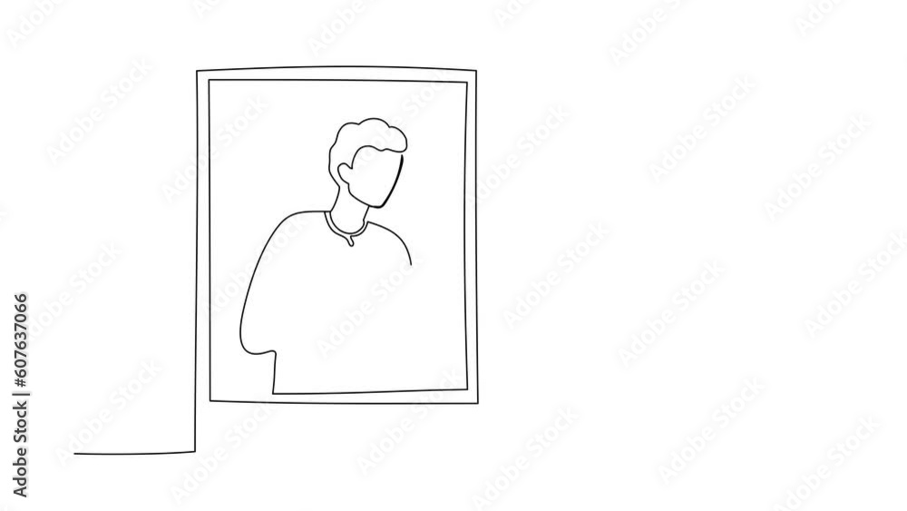 Poster animated self drawing of continuous line draw man holding cat looking through window. stay home, sta