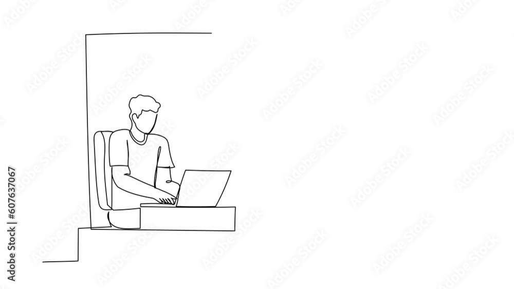 Poster animated self drawing of single continuous line draw man working from home near window. businessman 