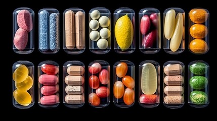 A variety of pills and vitamins in plastic containers. Generative ai