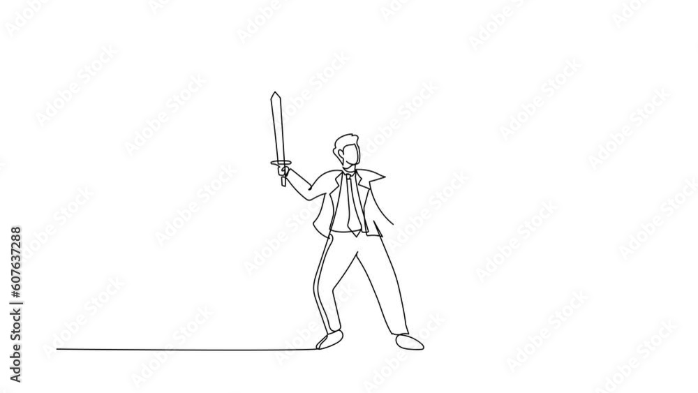 Poster animated self drawing of continuous line draw businessman fight to giant foot with shield and sword.