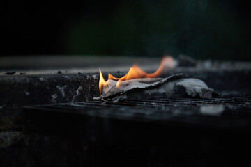 屋外のキャンプ場で燃える炎