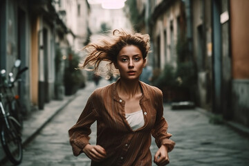 Young woman runs away, in delay or fear in her eyes, along a street. Fictional person. Generative AI