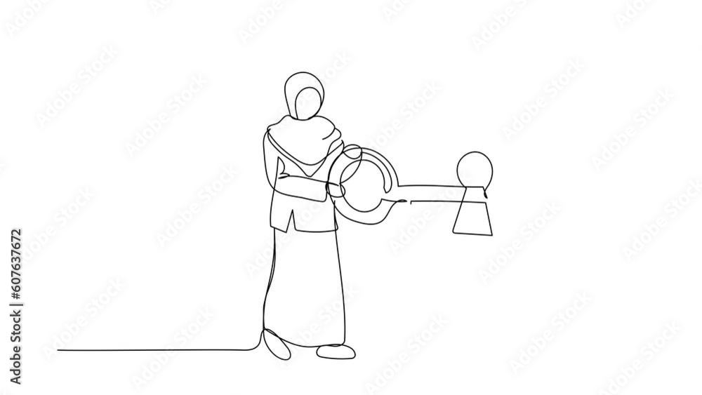 Aufkleber animated self drawing of continuous one line draw arab businesswoman put key into clipboard. protect