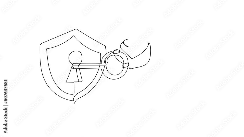 Poster animated self drawing of continuous line draw arabian businesswoman put key into shield. safety inte
