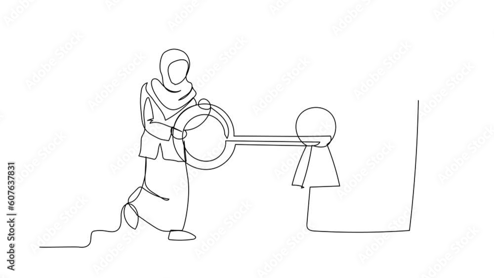 Poster animated self drawing of continuous line draw arab businesswoman put key into laptop. internet secur
