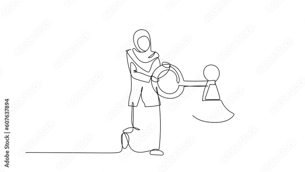 Poster animated self drawing of continuous line draw arabian businesswoman put key into alarm clock. wake u