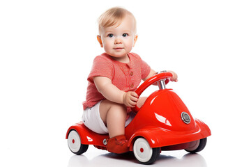 Baby on a toy car isolated on transparent or white background. Generative AI