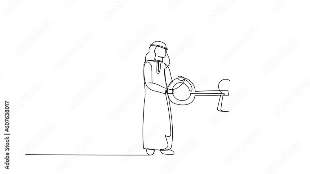 Poster self drawing animation of single line draw arab businessman putting key into smartphone. data privac