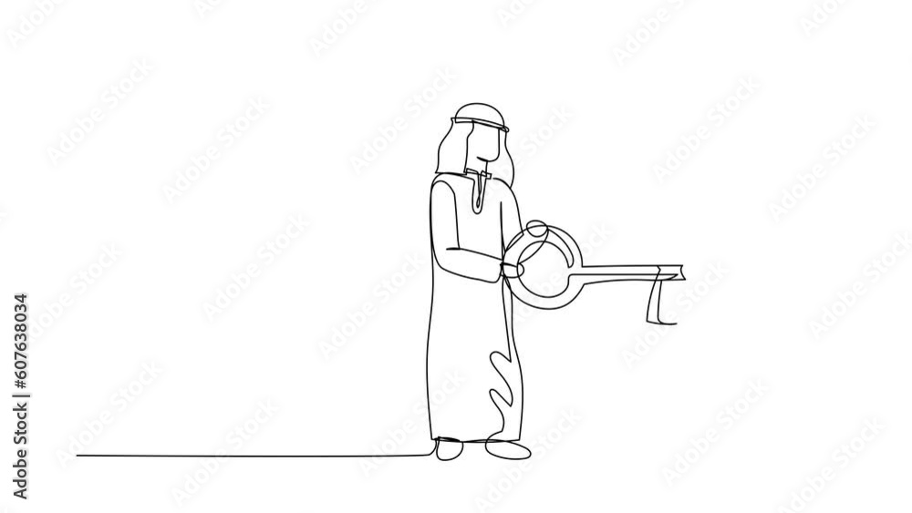 Poster animated self drawing of continuous line draw arab businessman putting big key into rocket. launchin