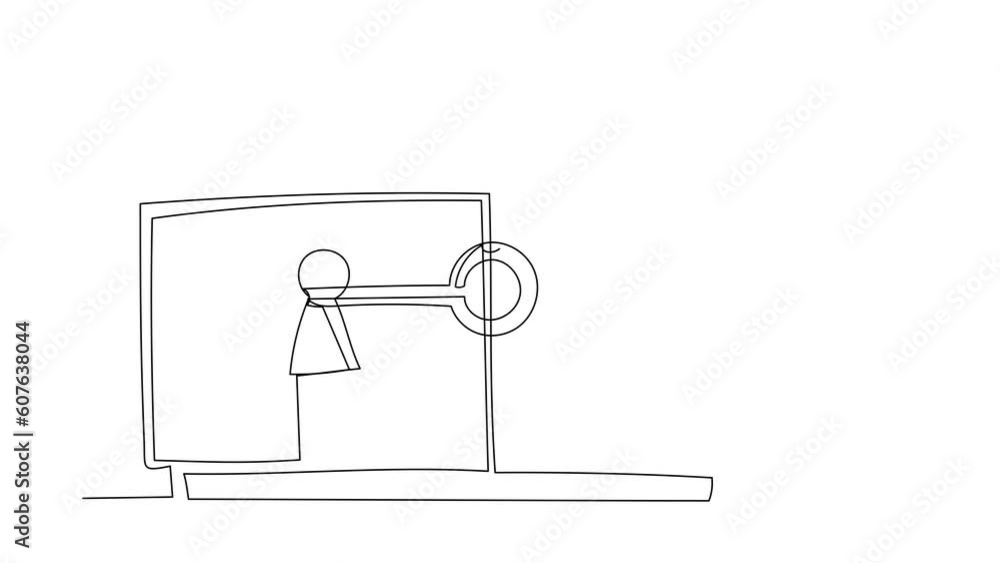 Poster self drawing animation of single one line draw arabian businessman putting key into laptop. protecti
