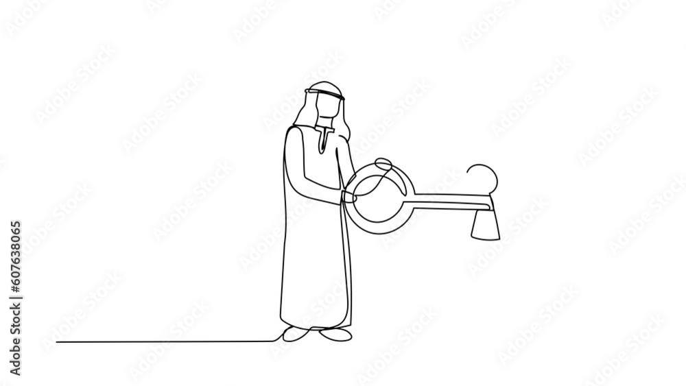 Poster animated self drawing of continuous line draw arab businessman putting big key into stopwatch. offic