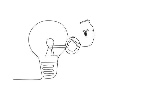 Animated self drawing of continuous line draw Arab businessman putting key into light bulb. Unlock innovation on business, invent new product or creative thoughts. Full length single line animation