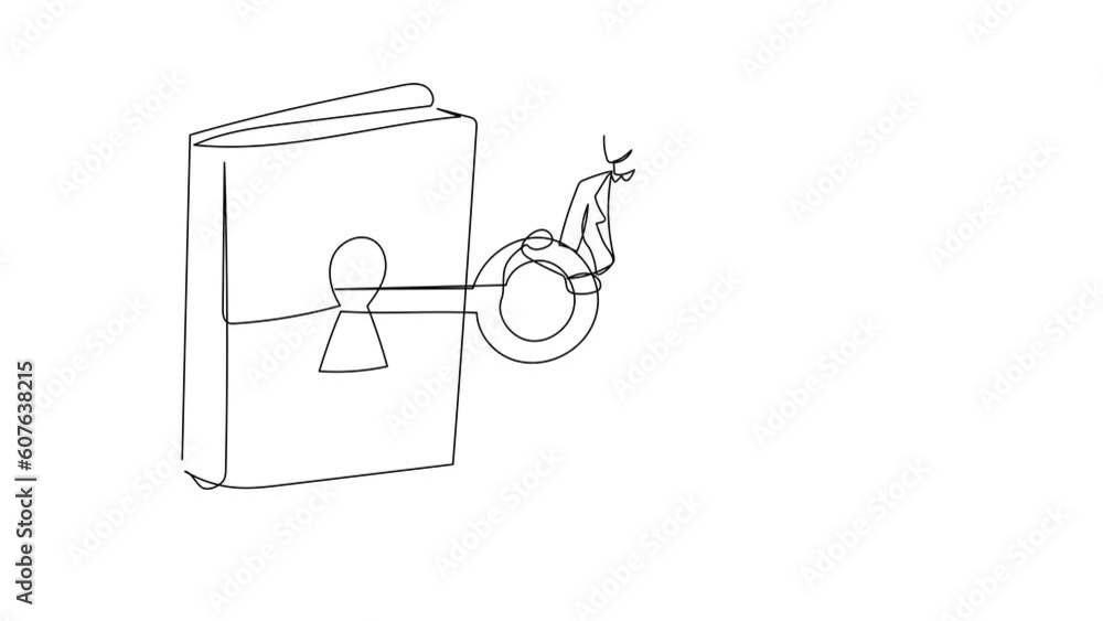 Poster animated self drawing of continuous line draw intelligent businesswoman put key into book. office ma